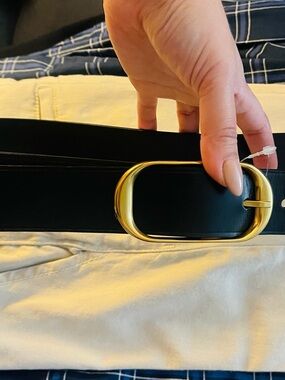 Aritzia Black Leather Belt with Gold Lettering